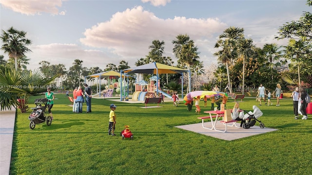 view of community featuring a yard and playground community
