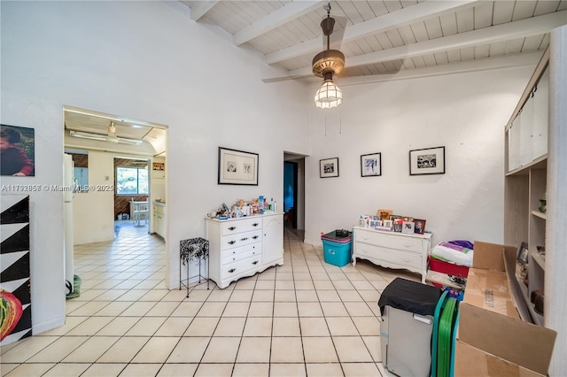 5709 Mckinley St, Hollywood, FL 33021 - game room with a ceiling fan, light tile patterned flooring, wooden ceiling, and beamed ceiling