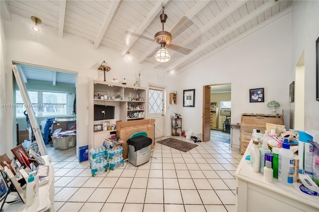 5709 Mckinley St, Hollywood, FL 33021 - living area featuring wood ceiling, ceiling fan, light tile patterned floors, and high vaulted ceiling