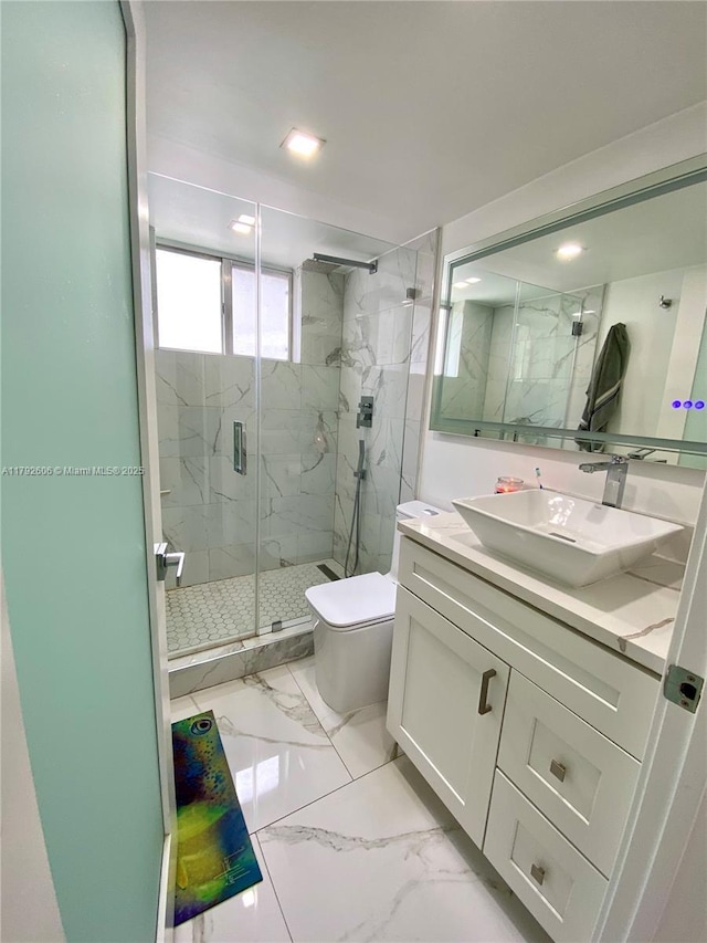 1700 NW N River Dr Unit 501, Miami, FL 33125 - full bathroom featuring vanity, toilet, marble finish floor, a marble finish shower, and recessed lighting