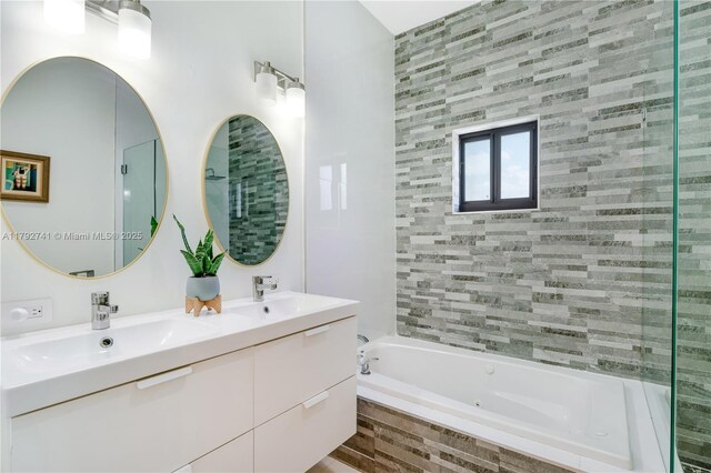 6470 SW 33rd St, Miami, FL 33155 - bathroom featuring tiled tub, double vanity, and a tile shower