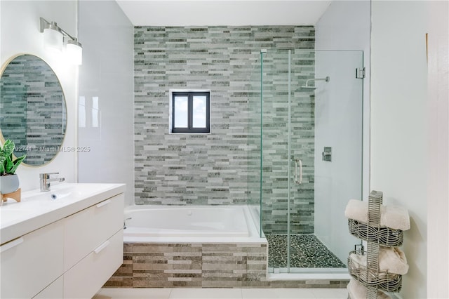 6470 SW 33rd St, Miami, FL 33155 - bathroom featuring a stall shower, tiled tub, and vanity
