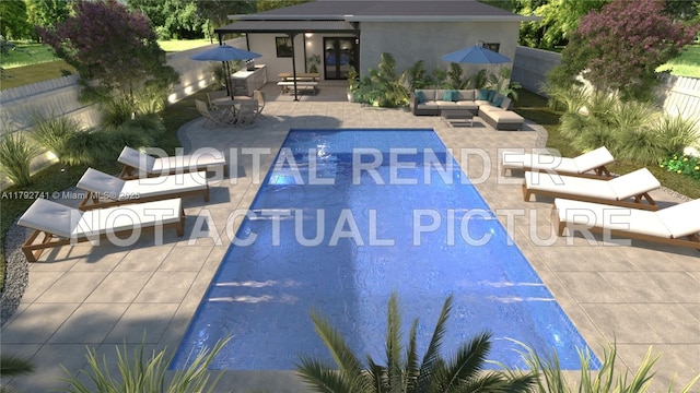 6470 SW 33rd St, Miami, FL 33155 - view of swimming pool with an outdoor living space, a fenced backyard, and a patio area