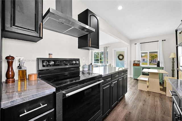 kitchen featuring dark cabinets, electric stove, wall chimney exhaust hood, and wood finished floors