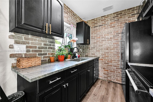 kitchen with dark cabinets, a sink, and light wood finished floors