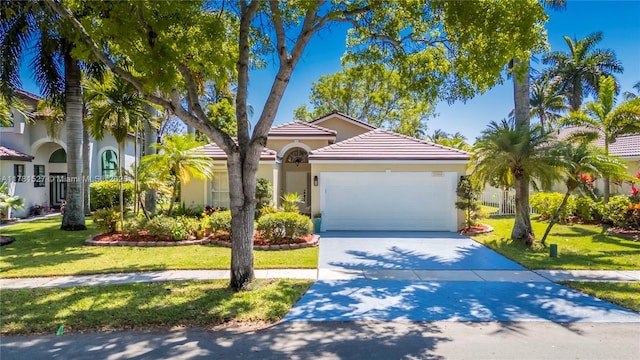 mediterranean / spanish-style home with a front lawn, a garage, stucco siding, concrete driveway, and a tiled roof