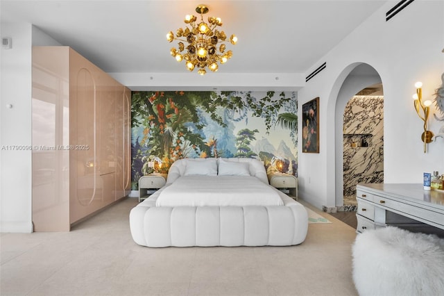 3737 Collins Ave Unit S-1303, Miami Beach, FL 33140 - bedroom featuring arched walkways and a chandelier