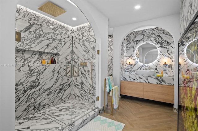 3737 Collins Ave Unit S-1303, Miami Beach, FL 33140 - full bath with vanity, a marble finish shower, and recessed lighting
