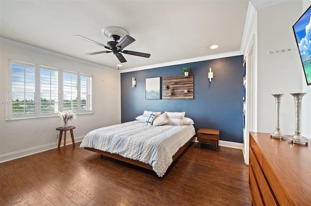 1770 E Las Olas Blvd Unit 507, Fort Lauderdale, FL 33301 - bedroom with baseboards, ornamental molding, wood finished floors, recessed lighting, and ceiling fan