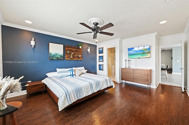 1770 E Las Olas Blvd Unit 507, Fort Lauderdale, FL 33301 - bedroom featuring wood finished floors, baseboards, recessed lighting, ornamental molding, and ceiling fan