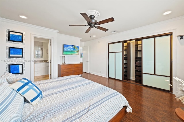 1770 E Las Olas Blvd Unit 507, Fort Lauderdale, FL 33301 - bedroom featuring crown molding, wood finished floors, recessed lighting, a closet, and a ceiling fan