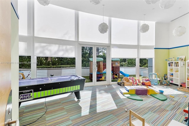 2127 Brickell Ave Unit 2704, Miami, FL 33129 - rec room with french doors, carpet floors, and a high ceiling