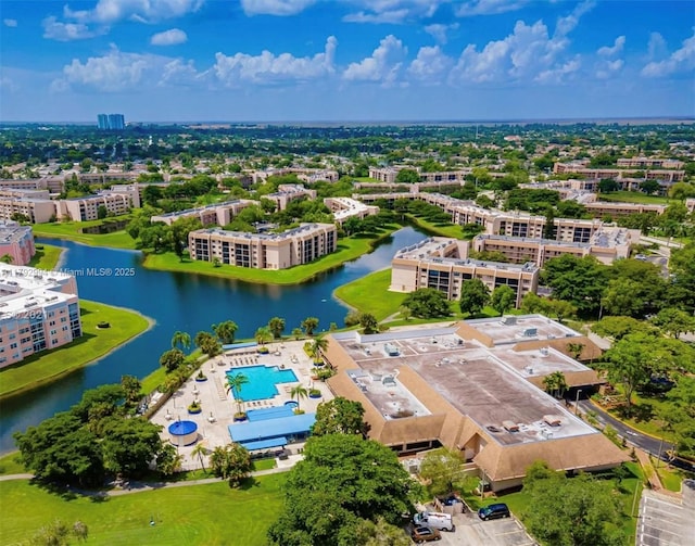 drone / aerial view with a water view
