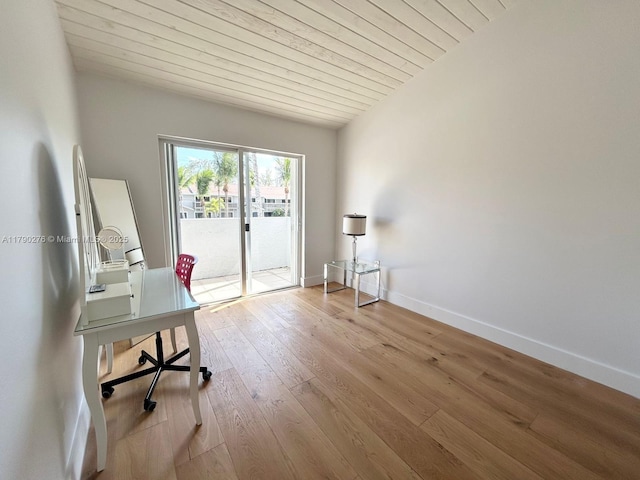 home office with baseboards, wood finished floors, and wooden ceiling