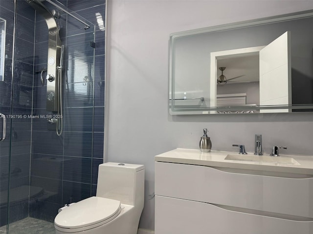 729 E 23rd St, Hialeah, FL 33013 - full bath featuring toilet, a ceiling fan, a shower stall, and vanity