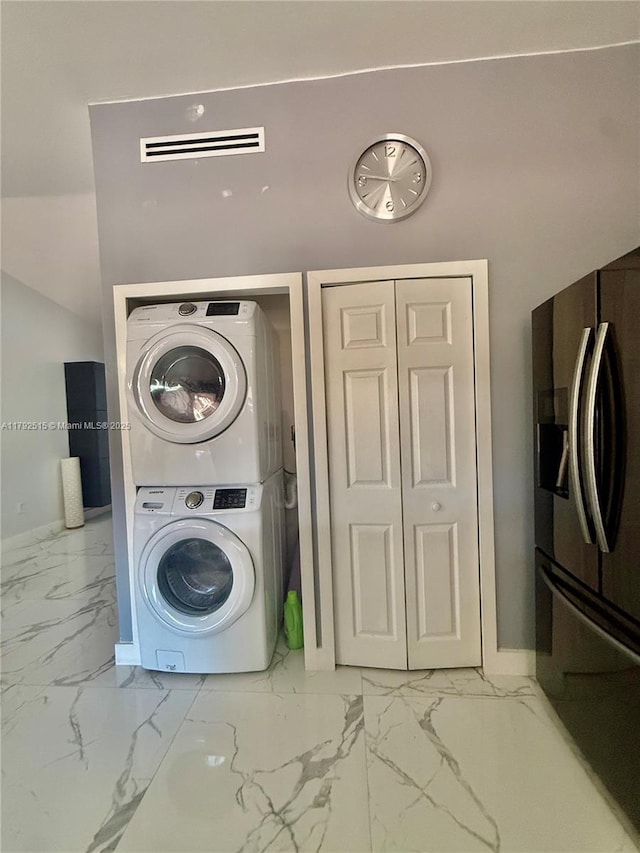 14712 SW 84th Ter, Miami, FL 33193 - clothes washing area with laundry area, stacked washer and clothes dryer, marble finish floor, and visible vents