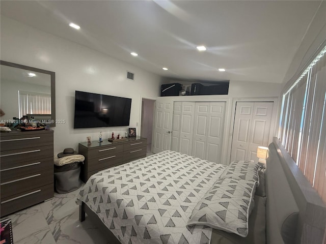 14712 SW 84th Ter, Miami, FL 33193 - bedroom with visible vents, marble finish floor, multiple closets, lofted ceiling, and recessed lighting