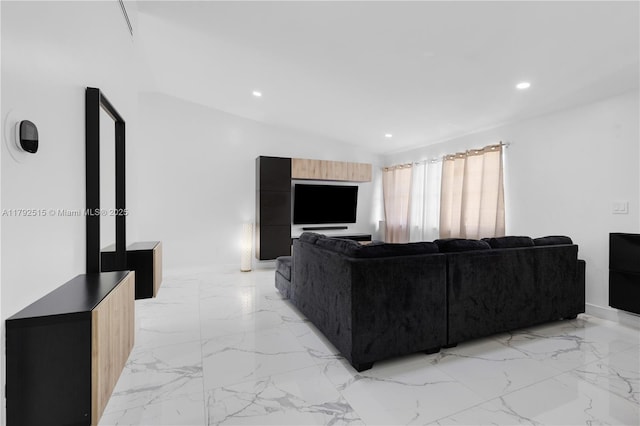 14712 SW 84th Ter, Miami, FL 33193 - living room with recessed lighting, light marble finish flooring, and lofted ceiling