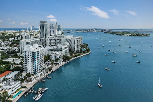 drone / aerial view featuring a water view and a city view