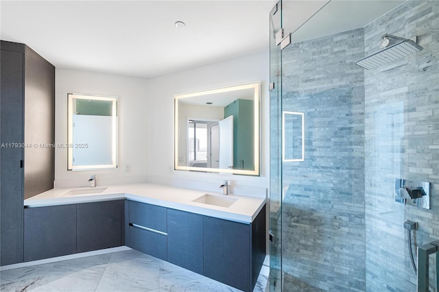 851 NE 1st Ave Unit 2604, Miami, FL 33132 - full bath featuring a stall shower, double vanity, and marble look tiles