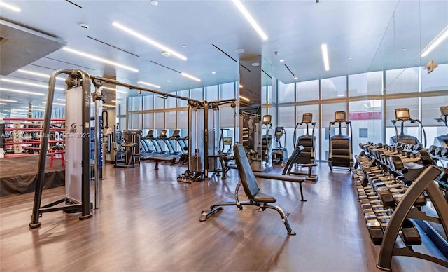 851 NE 1st Ave Unit 2604, Miami, FL 33132 - exercise room with wood finished floors and a wall of windows