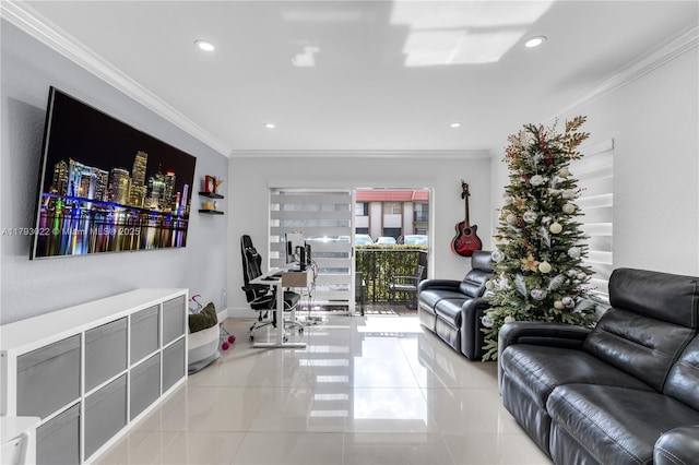 tiled living room with recessed lighting, ornamental molding, and baseboards