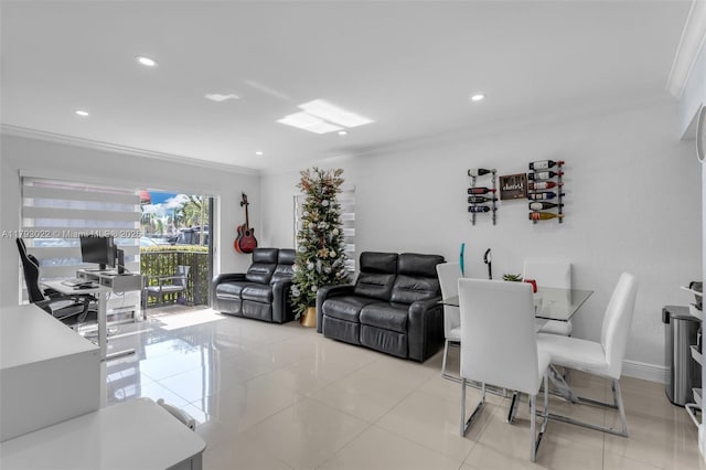 living room featuring recessed lighting, ornamental molding, and light tile patterned flooring