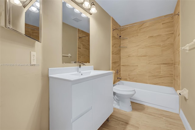 bathroom with vanity, bathtub / shower combination, toilet, and visible vents