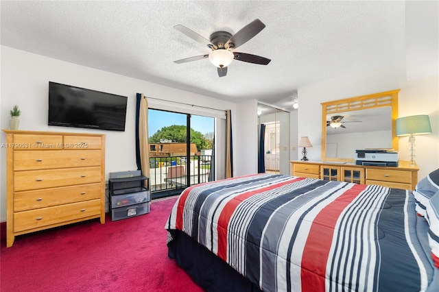 720 7th Ln, Green Acres, FL 33463 - bedroom featuring a ceiling fan, dark colored carpet, a textured ceiling, and access to exterior