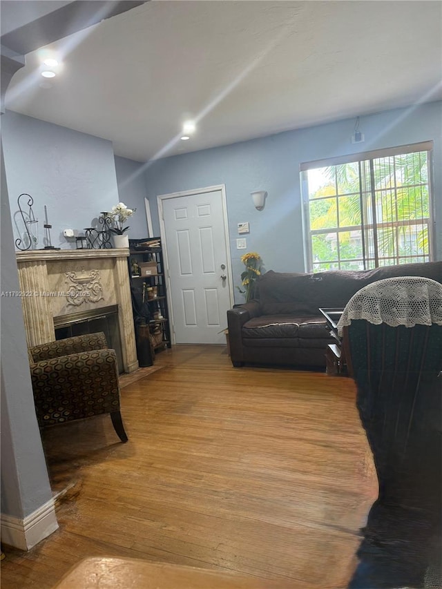 40 NE 49th St, Miami, FL 33137 - living room featuring wood finished floors, a high end fireplace, and recessed lighting