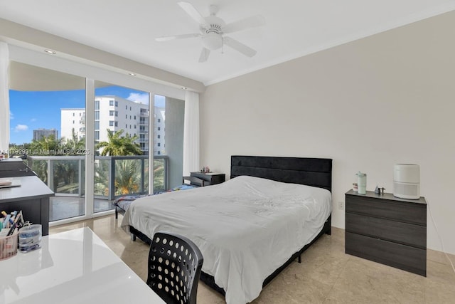 bedroom with crown molding, a ceiling fan, and access to exterior