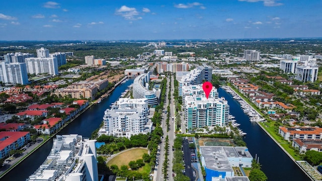 drone / aerial view with a water view and a city view