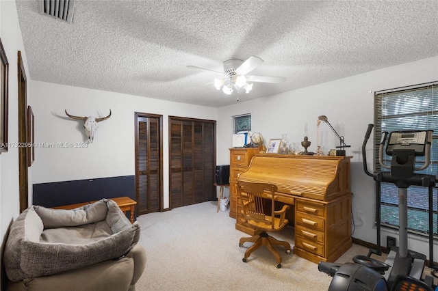carpeted office space featuring visible vents, a textured ceiling, ceiling fan, and a healthy amount of sunlight