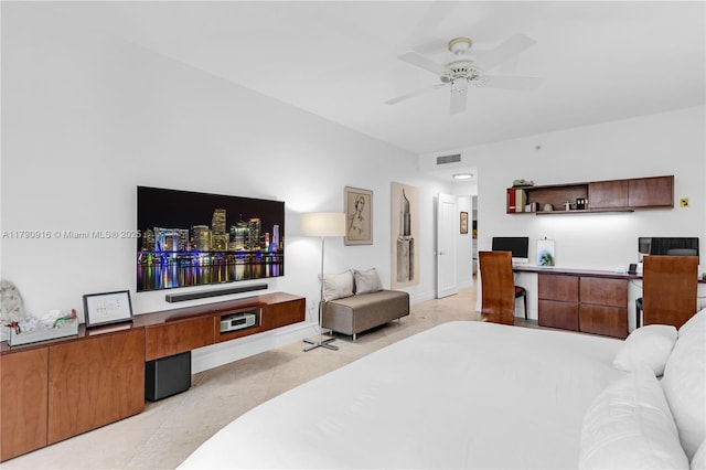 727 Crandon Blvd Unit 401, Key Biscayne, FL 33149 - bedroom featuring light tile patterned floors, a ceiling fan, visible vents, and built in desk
