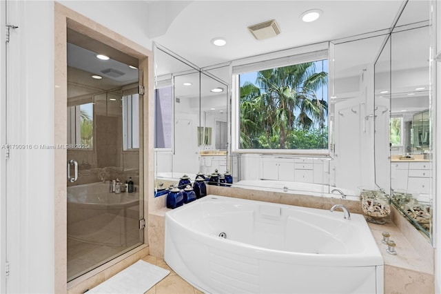 727 Crandon Blvd Unit 401, Key Biscayne, FL 33149 - full bath with vanity, recessed lighting, a shower stall, visible vents, and a garden tub