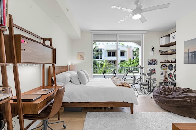 727 Crandon Blvd Unit 401, Key Biscayne, FL 33149 - bedroom featuring ceiling fan, access to exterior, and a wall of windows