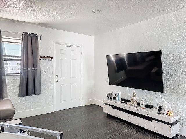 14320 NE 18th Ave, Miami, FL 33181 - living room with a textured ceiling, a textured wall, baseboards, and dark wood-type flooring