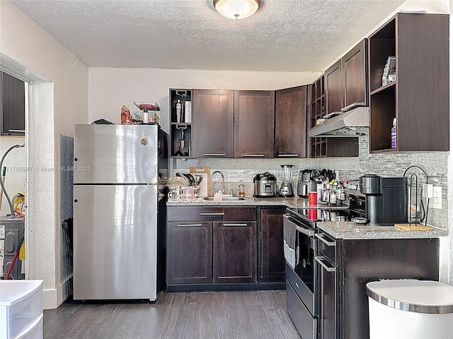 14320 NE 18th Ave, Miami, FL 33181 - kitchen with open shelves, freestanding refrigerator, dark brown cabinetry, under cabinet range hood, and a sink