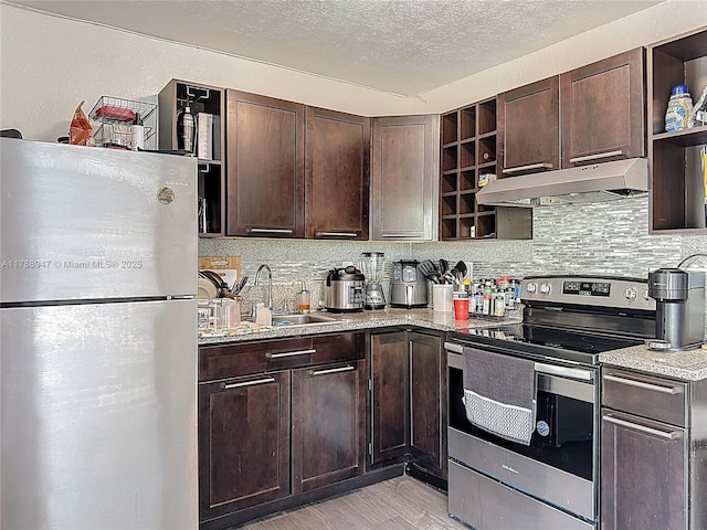 14320 NE 18th Ave, Miami, FL 33181 - kitchen featuring open shelves, stainless steel range with electric stovetop, a sink, freestanding refrigerator, and under cabinet range hood