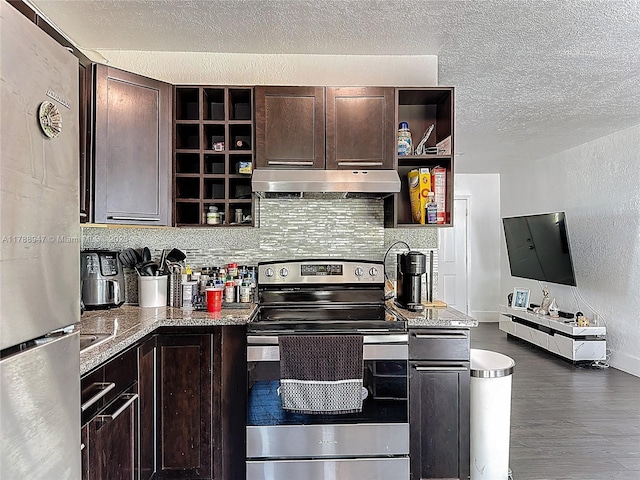 14320 NE 18th Ave, Miami, FL 33181 - kitchen with dark brown cabinetry, a textured ceiling, open shelves, stainless steel appliances, and wall chimney exhaust hood