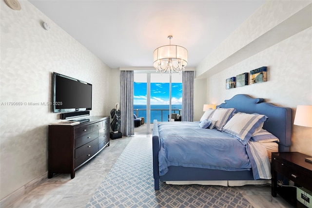 bedroom featuring an inviting chandelier, floor to ceiling windows, baseboards, and access to exterior