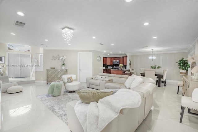 1820 Vista Way, Margate, FL 33063 - living area with visible vents, crown molding, a notable chandelier, recessed lighting, and light tile patterned flooring