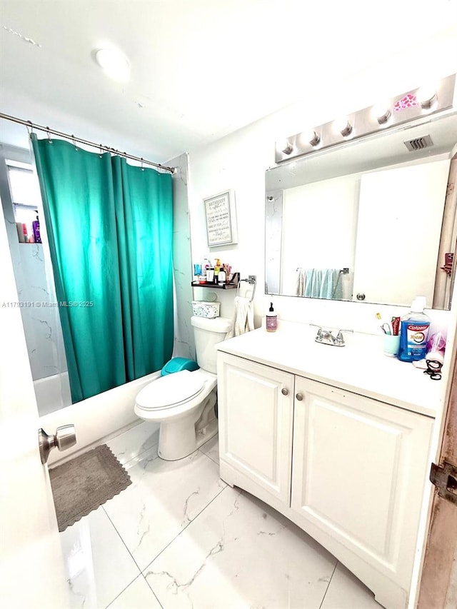 1401 NE 191st St Unit D201, Miami, FL 33179 - bathroom featuring visible vents, shower / tub combo, vanity, toilet, and marble finish floor