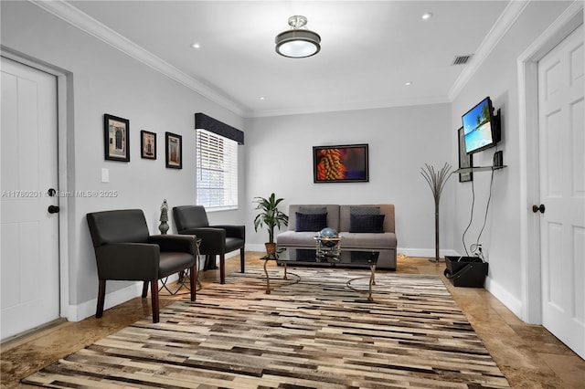 living room with crown molding, baseboards, and recessed lighting