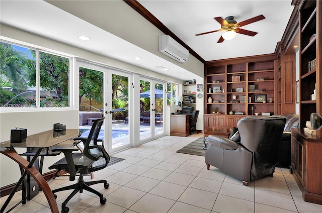 office area featuring an AC wall unit, light tile patterned floors, and french doors