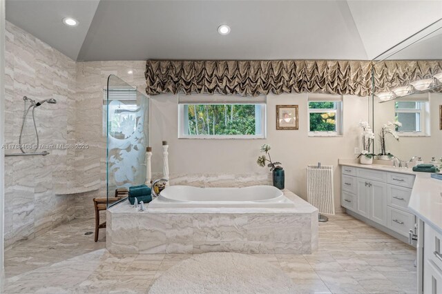 10605 Indian Trl, Cooper City, FL 33328 - full bathroom featuring vanity, a garden tub, radiator, a walk in shower, and vaulted ceiling