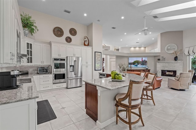 10605 Indian Trl, Cooper City, FL 33328 - kitchen featuring a fireplace, open floor plan, high vaulted ceiling, a ceiling fan, and stainless steel appliances