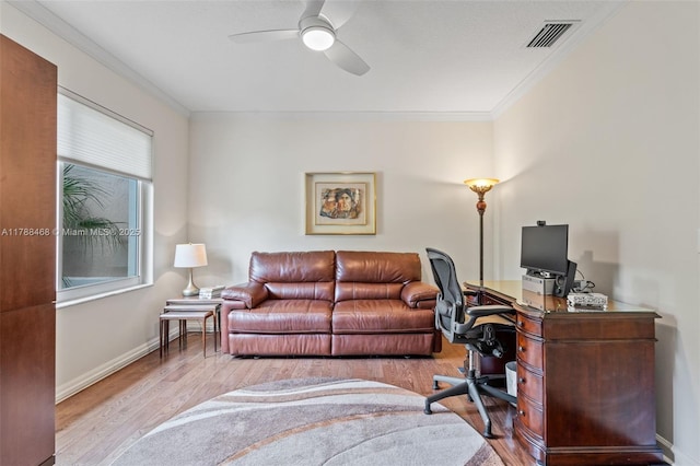 10605 Indian Trl, Cooper City, FL 33328 - office area featuring visible vents, ornamental molding, wood finished floors, baseboards, and a ceiling fan