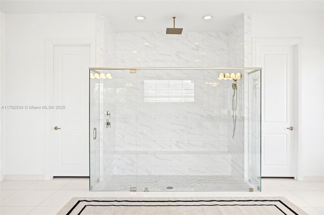 4991 E Sterling Ranch Cir, Davie, FL 33314 - bathroom with a stall shower, tile patterned floors, recessed lighting, and baseboards