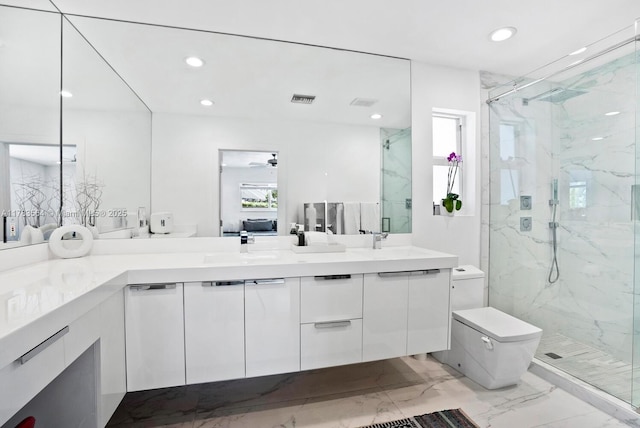 13605 SW 73rd Ave, Palmetto Bay, FL 33158 - ensuite bathroom with a marble finish shower, toilet, marble finish floors, recessed lighting, and double vanity